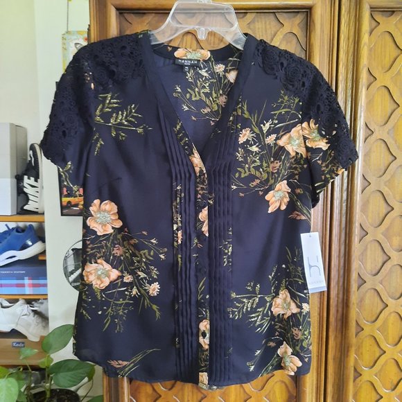 HANNAH Floral Crochet-Lace Pintuck Buttondown Blouse- NWT, Size PS - Picture 2 of 16